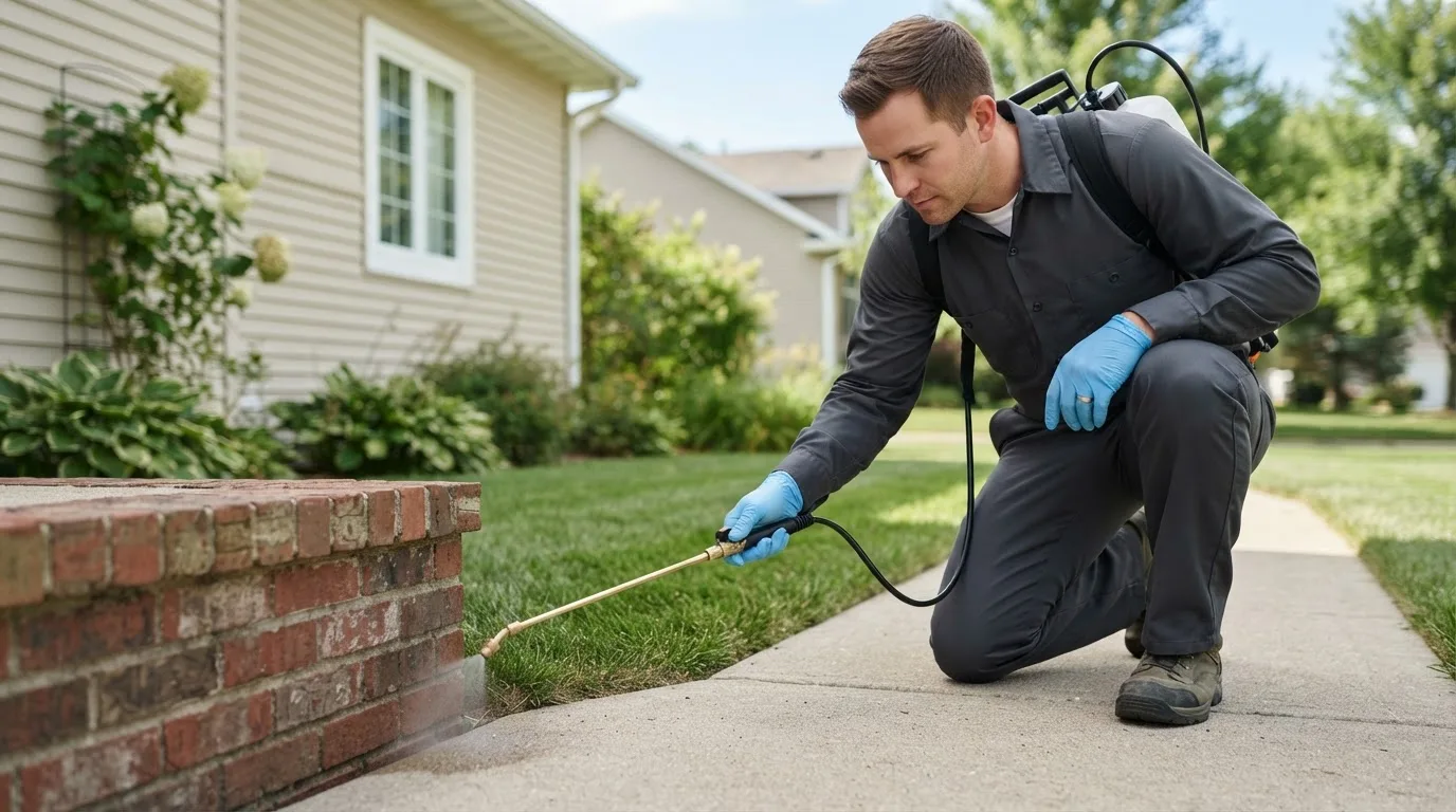 Pest control technician treating a home near Matherville, IL